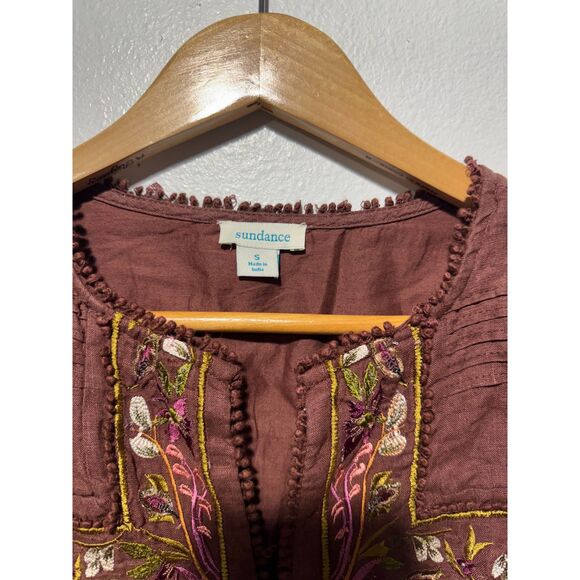 Sundance bohemian shirt embroidered bird floral 100% linen brown cottage women S - Picture 3 of 8